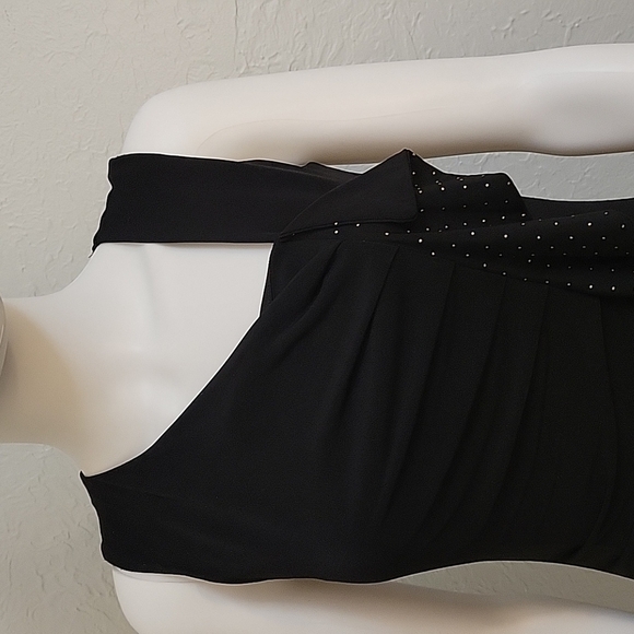 SAINT TROPEZ WEST 1990s Black Ruffle Embellished Ruched Bodycon Angled Dress - Picture 4 of 8